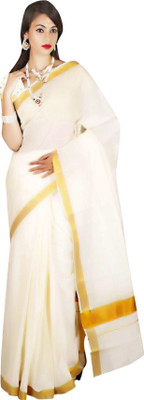 Gugaliya Solid/Plain Kasavu Pure Cotton Saree(Cream)