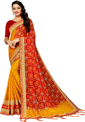 C P Vastralay Blocked Printed Bandhani Chiffon Saree(Yellow)