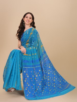 UNART CLOTHING Woven Jamdani Cotton Blend Saree(Light Blue)