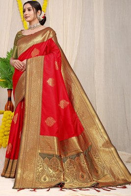 sarjan creation Woven Banarasi Jacquard Saree(Red)