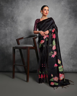 PeachPetals Floral Print, Printed Banarasi Cotton Silk Saree(Black)