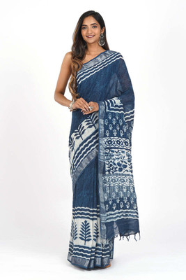 HITESH ENTERPRISE Digital Print Pochampally Cotton Linen Saree(Blue)