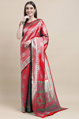 manvaa Woven Banarasi Silk Blend Saree(Red)