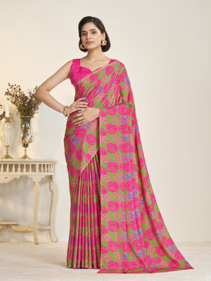 GARDEN VARELI Floral Print Bollywood Crepe Saree(Green, Pink)