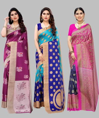 ANIRAV Printed, Self Design Mysore Art Silk Saree(Pack of 3, Purple)