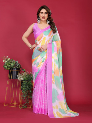 Divastri Floral Print Bollywood Chiffon Saree(Pink)