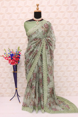 AKFABRICS Digital Print Daily Wear Lycra Blend Saree(Green)