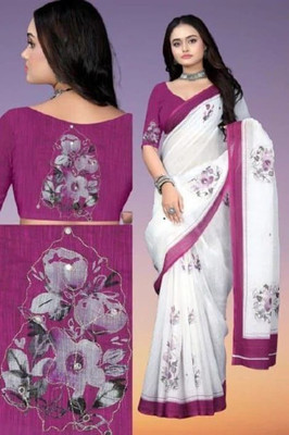 Myraani Floral Print Kantha Cotton Linen Saree(Purple)