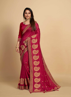 sareesy Embroidered, Dyed Bollywood Pure Silk Saree(Maroon)