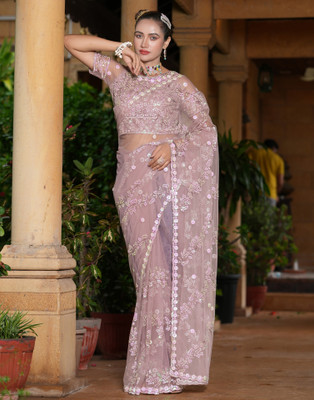 Satrani Embroidered, Embellished Bollywood Net Saree(Pink)