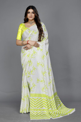 getdeal Printed Bollywood Silk Blend Saree(White, Light Green)