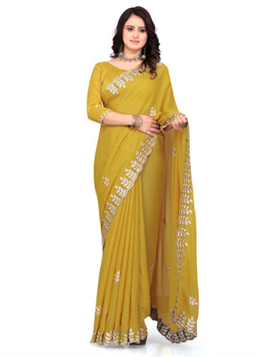 Brahmani Creation Embroidered Banarasi Georgette Saree(Yellow)