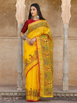 Tasrika Printed Bollywood Cotton Linen Saree(Yellow)