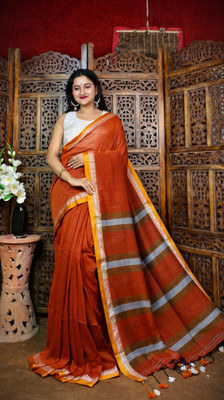 nebadita Solid/Plain, Striped Daily Wear Cotton Linen Saree(Orange, Multicolor)