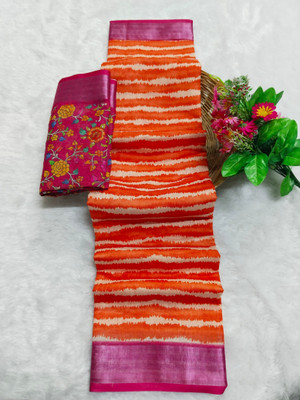 PRTRENDZ Woven Kanjivaram Pure Cotton, Cotton Linen Saree(Orange, Pink)