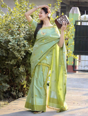 SHREENATHJITEX Woven, Self Design Mekhela Chador Silk Blend Saree(Light Green)