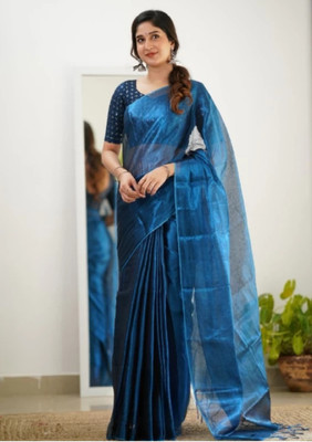 Kumaresh Creation Solid/Plain Bollywood Tissue Saree(Dark Blue)