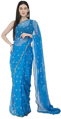 Swarne Printed Bandhani Chiffon Saree(Light Blue)