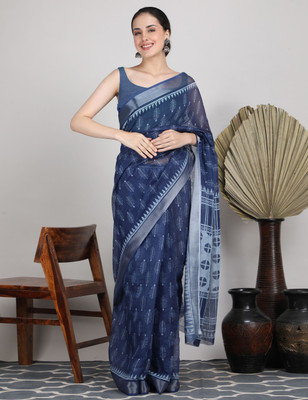 Tantvi Digital Print Handloom Cotton Linen Saree(Dark Blue)
