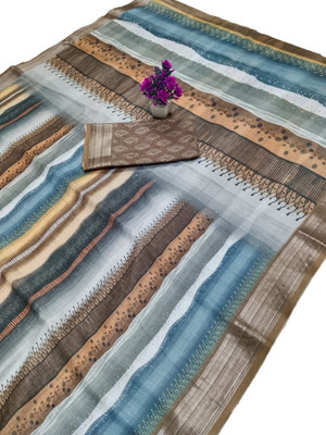 HangerStories Printed Kanjivaram Pure Cotton, Cotton Linen Saree(Brown)