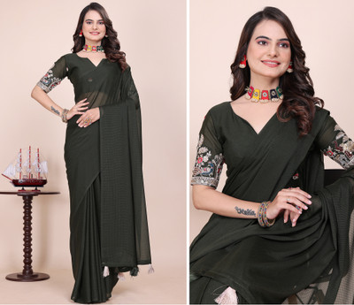 KONICA FAB Embroidered, Solid/Plain Bollywood Georgette Saree(Light Green)