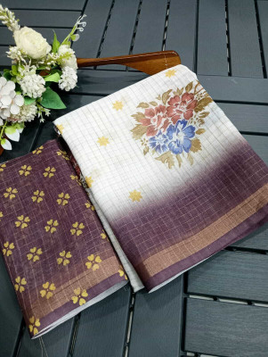 MAANVIT Floral Print Kanjivaram Linen, Cotton Linen Saree(White, Brown)
