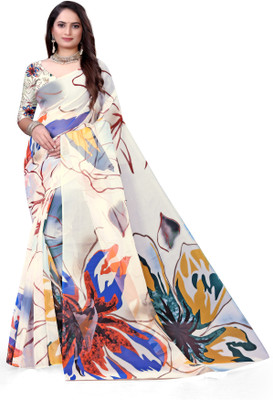 Pemal Designer Digital Print Bollywood Organza Saree(White)