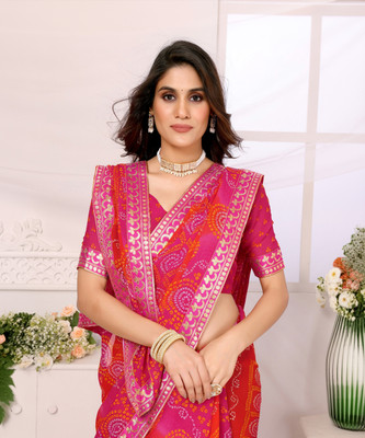YASHIKA Printed Daily Wear Georgette, Lace Saree(Pink)