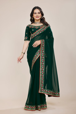 Tejal Creation Solid/Plain, Embroidered Bollywood Georgette Saree(Green)