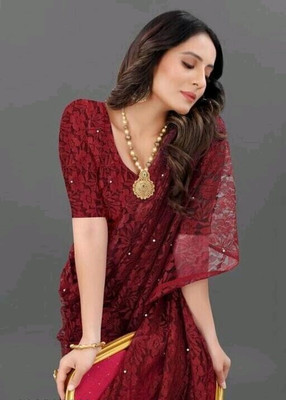 NEXA Solid/Plain Bollywood Net Saree(Maroon)