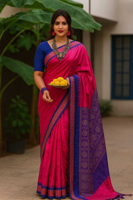 Afronza Solid/Plain, Woven, Temple Border Sambalpuri Cotton Silk, Jacquard Saree(Pink, Dark Blue)