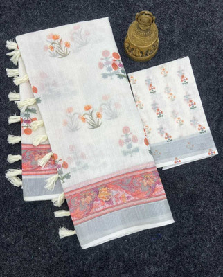 Margi Designers Floral Print Handloom Cotton Linen Saree(White)