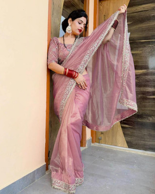 ShivGori Embroidered, Embellished Bollywood Tissue, Net Saree(Pink, Gold)