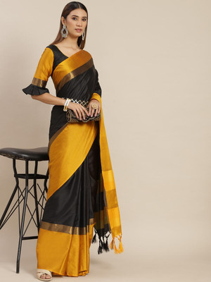 Divastri Color Block Bandhani Cotton Silk Saree(Black, Yellow)