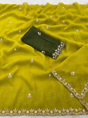 KONICA FAB Embroidered Bollywood Chiffon Saree(Yellow)