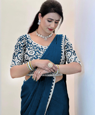 BRAHMSHAKTI Embroidered Bollywood Pure Silk Saree(Dark Blue)
