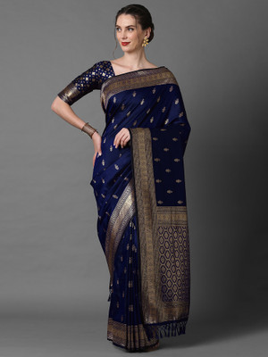 Sareemall Woven Banarasi Silk Blend Saree(Dark Blue)