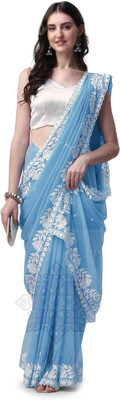 HESVI Embroidered Lucknow Chikankari Georgette Saree(Blue)