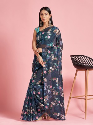 Sareemall Digital Print Bollywood Organza Saree(Dark Blue)