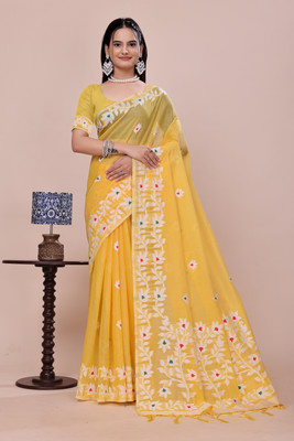 Bhavya Laxmi Textiles Woven Banarasi Cotton Blend Saree(Yellow)