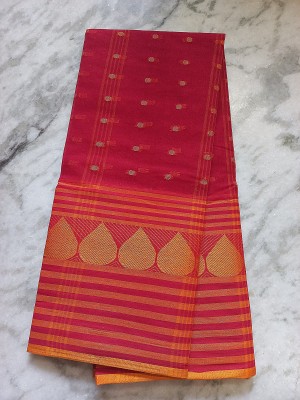 J KunduHouse Self Design Tant Pure Cotton Saree(Red, Gold)