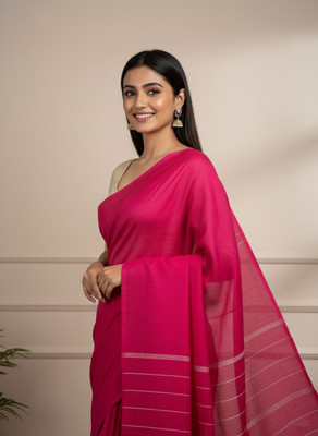 BongAp Self Design Handloom Cotton Blend Saree(Pink)