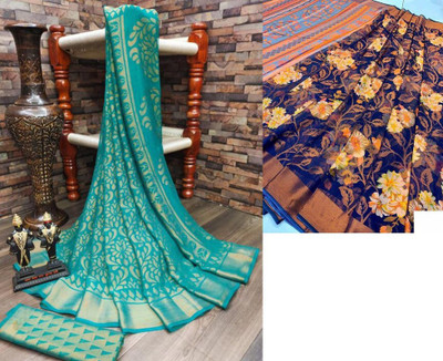 Sitanjali Floral Print Bollywood Brasso Saree(Pack of 2, Multicolor)