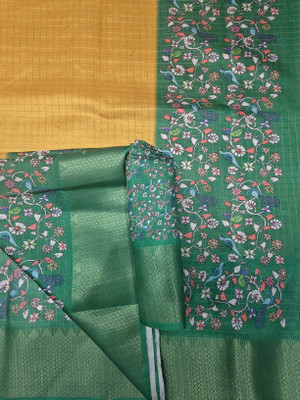 J6 Designers Printed Hand Batik Cotton Silk Saree(Yellow, Green)