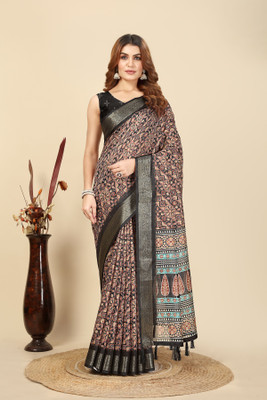 J6 Designers Self Design, Checkered, Printed, Floral Print, Woven Bhagalpuri Cotton Silk Saree(Black)