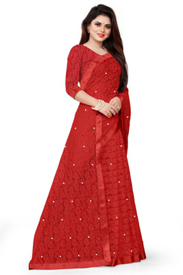 Verviza Embroidered Bollywood Net Saree(Red)