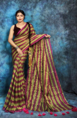 ANU INDIAN FASHION Woven Handloom Cotton Blend Saree(Yellow)