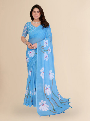 Moda Rapido Floral Print Bollywood Cotton Blend Saree(Blue)