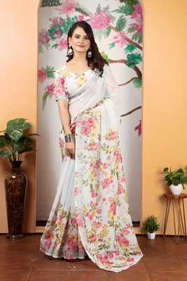 Handsel Printed Bollywood Cotton Linen, Linen Saree(White)