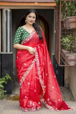 Sangria Embroidered Bollywood Silk Blend Saree(Red)